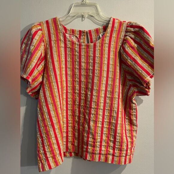 Ivy Jane Oatmeal/Pink/Red Stripe Flutter Sleeve Top Size Large - Picture 1 of 5